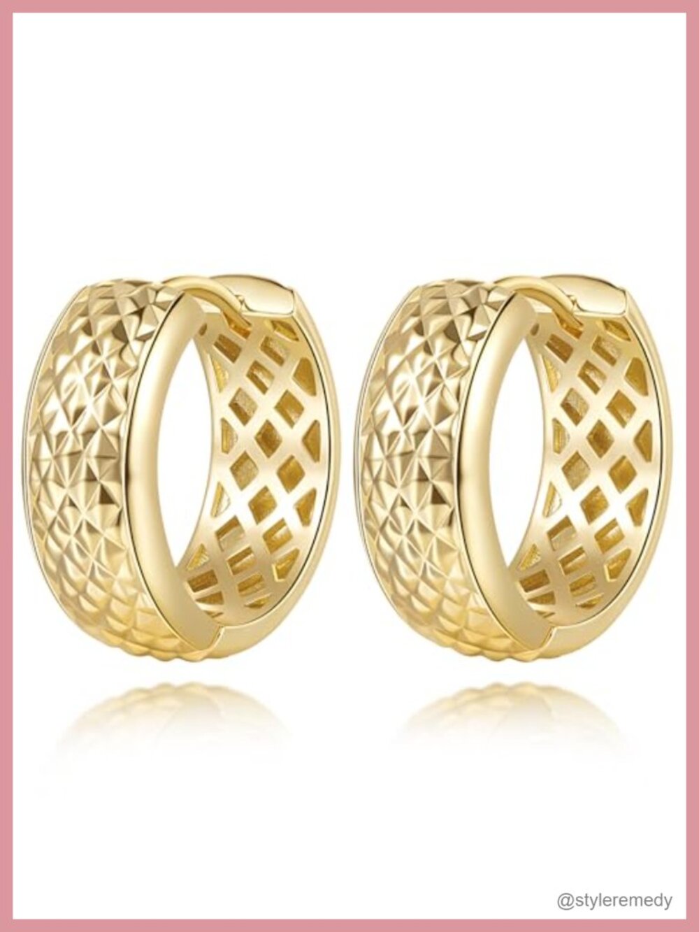 Gold Plated Hoop Earrings for Women 20MM Rhombic Texture
